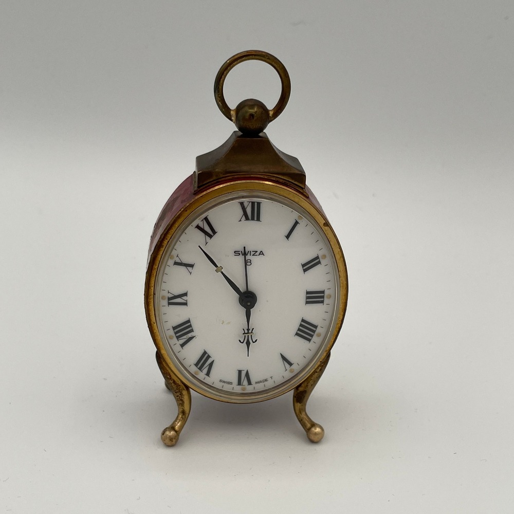 Swiza Brass Metal Floral Red Oval Vintage Alarm Clock *READ